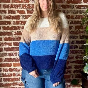 Francesca’s Harper 4 tone striped sweater, blue, tan, & cream stripes - medium